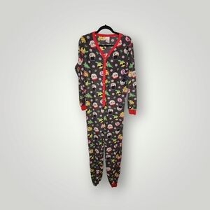 Christmas emoji pajamas pjs womens small one pc drop seat naughty nice jumpsuit